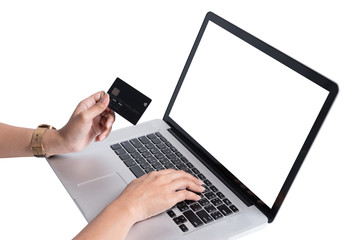 Woman hold credit card with laptop isolated on white background