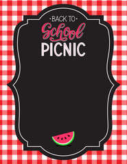 Back to school picnic announcement template. Wood background. Picnic food icons. Vector.