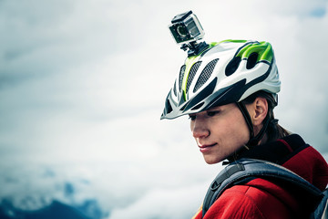 Mountainbiker With Actioncam On Helmet