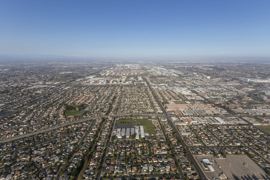 Aerial view of summer smog above Torrance and Los Angeles, California. 