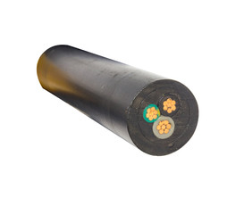 surface of cable electricity NYY GRD, black green and gray insulated, three core is copper, Benefits in electricity, education and more, cable is strong and heavy. isolate on white background