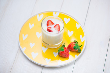 Strawberry Yoghurt. Healthy food with Strawberries and yoghurt breakfast on table.