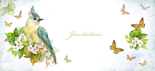 horizontal banner with a cute bird on apple blossom and butterflies. watercolor painting