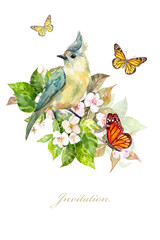 vertical card with pretty birds on flowering branches. watercolor painting