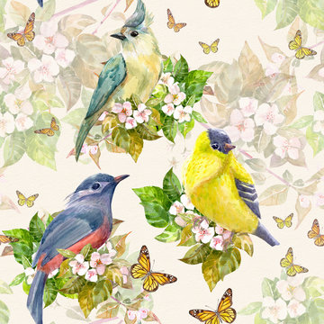 vintage seamless texture with cute birds on apple blossom. watercolor painting