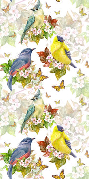 vertical seamless texture with pretty birds on flowering branches. watercolor painting