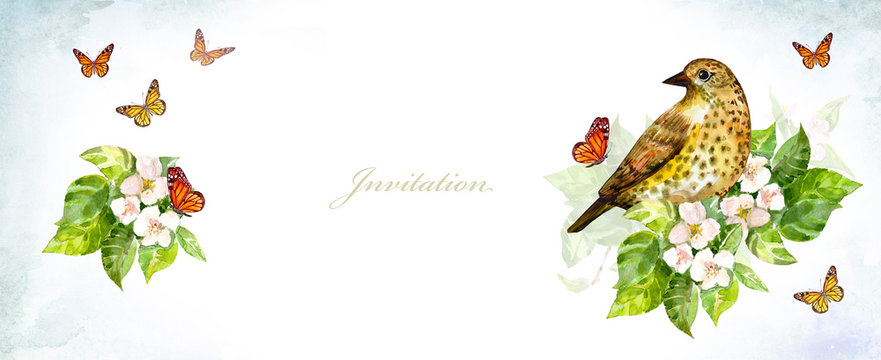 invitation banner with lovely bird on flowering apple branch. watercolor painting