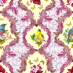 lovely seamless texture with foliate pattern and birds, butterflies. watercolor painting