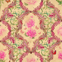 fashion seamless grunge texture with fantasy flora and roses in frame.