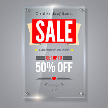 Fifty percent holiday discounts. Iformation on transparent vector glass plate. Calligraphic text on vertical selling ad banner. See through the 3D illustration, photo realistic texture.