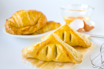 Homemade breads or bun on white background, croissant puff and pies , breakfast food