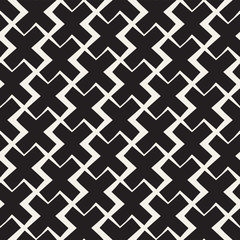Vector Seamless Black And White Lines Pattern Abstract Background. Cross Shapes Geometric Tiling Ornament.