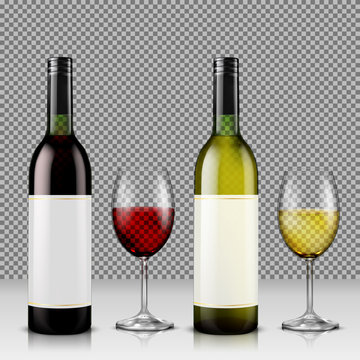 Set of realistic vector illustration of glass wine bottles and glasses with white and red wine, isolated, with reflection. Template, moc up, layout for design, branding, advertising