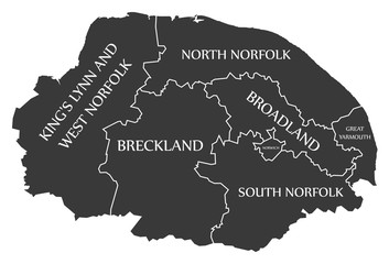 Norfolk county England UK black map with white labels illustration