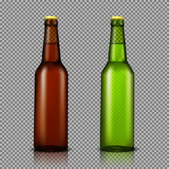Vector realistic illustration set of transparent glass bottles with drinks, ready for branding, without labels. Brown and green bottles for beer, soda, water isolated, with reflection
