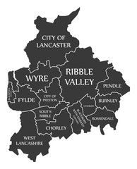 Lancashire county England UK black map with white labels illustration