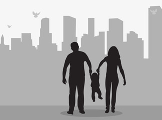 isolated silhouette of family on city background