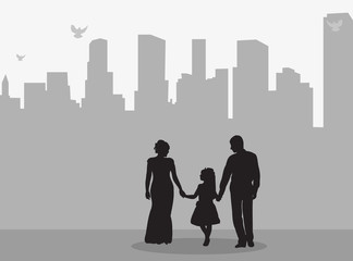 Vector, isolated silhouette family with child on city background