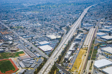 Aerial shot of California highway and landscape
