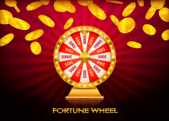 Fortune wheel, game spin, realistic 3d lucky spinning, luxury gold roulette. Vector illustration, casino background for luck, money, jackpot, play, lottery. Winner fortune wheel.