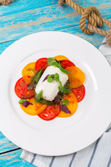 Colourful slices of cheese and tomato