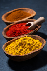 ground spicy paprika, turmeric and red pepper in a wooden bowl, vertical