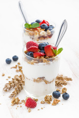 healthy dessert with natural yogurt, muesli and berries in a glasses on white background, closeup