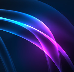 Energy lines, glowing waves in the dark, vector abstract background