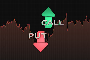 Put and call color arrows binary option chart on red. 3D illustration
