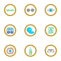 Caring for eyes icons set, cartoon style