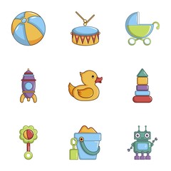 Many toys icons set, cartoon style