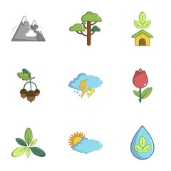 Ecology nature icons set, cartoon style