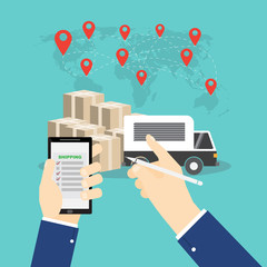 Hand hold smartphone and point truck and box Logistics and transportation on wolrd map background