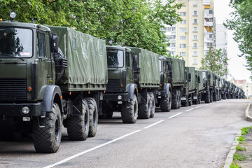 A column of military trucks. Independence Day, parade Minsk, Belarus