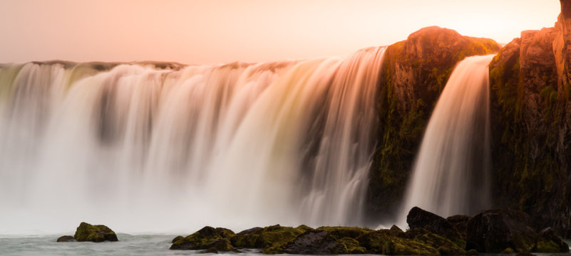 Godafoss waterfall at sunset time, northern Iceland.