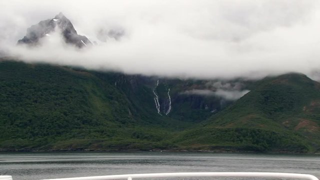 View from ship of waterfalls in fords in Patagonia, South America
