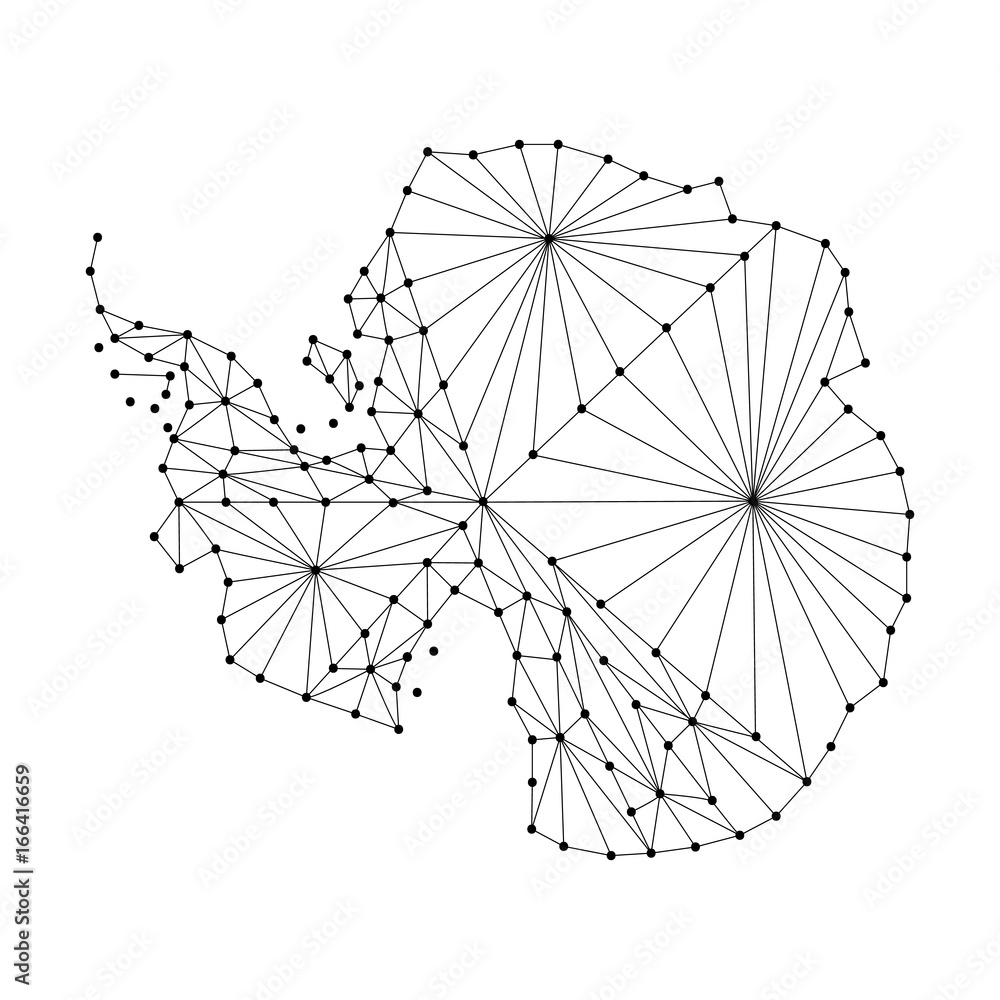 Poster antarctica map of polygonal mosaic lines network, rays and dots vector illustration.