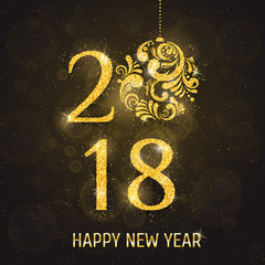 Vector 2018 Happy New Year holiday banner with sparkling glitter golden textured Christmas ball. Seasonal holidays background. New Year greeting card