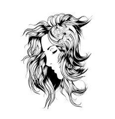 Sketch of Fashion style. Girl with flowers in her hair