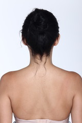 Caucasian Woman before make up hair style. no retouch, back side view
