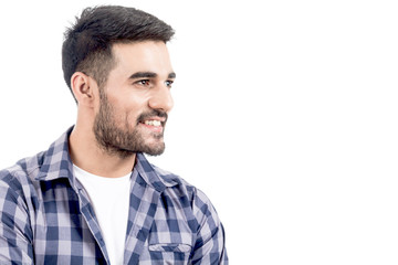 Obraz premium Portrait of handsome man smiling with copy space isolated on white background