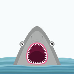 Fototapeta premium Shark head face with big open mouth and sharp teeth. Cute cartoon animal character. Baby card. Sea ocean wild animal. Water wave. Sticker print template. Flat design. White background. Isolated.