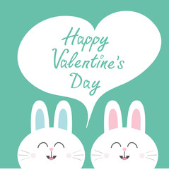 Happy Valentines Day. White bunny rabbit couple. Heart frame template. Cute cartoon smiling character twins. Baby greeting card. Green background. Flat design.