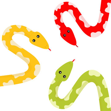 Yellow green red python snake set tongue. Golden crawling serpent with spot. Cute cartoon character. Flat design. White background. Isolated.