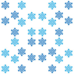 Blue stars, snowflakes against a white background.