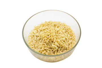 Boiled noodles in a glass cup isolated on white background. Clipping path.