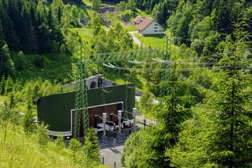 Electric substation at hydroelectric power station in mountain