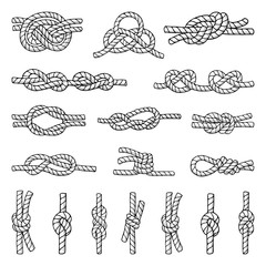 Illustrations of different nautical knots and nodes. Cordage icons set. Hand drawn pictures isolate on white - obrazy, fototapety, plakaty
