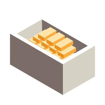 Box with gold bars. Vector illustration in isometric projection, isolated on white background.