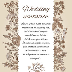 Template of wedding invitation in vintage style. There is place for text. Invitation decoration from hand drawn herbs and different flowers in a sepia tone